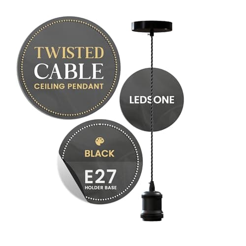 Image of LEDSone Vintage Matt Black Pendant Light Fitting E27 – 1m Twisted Braided Cable Ceiling Lamp Holder Industrial Hanging Light Kit