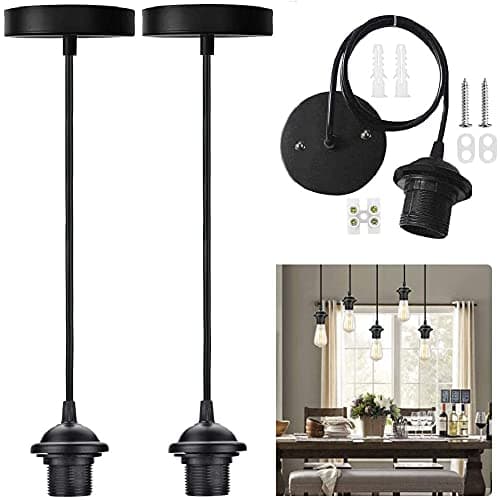 Image of EMAGEREN 2 Pack Black Pendant Light Fitting E27 Ceiling Rose Pendant Vintage Pendants Lamp Holder Suspension Flex Ceiling Lights Pendants Fitting Kit with 1Meter Cable for Screw-Type Bulb Lights