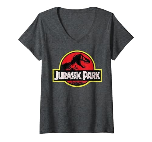 Image of Women's Jurassic Park Distressed Vintage Logo V-Neck T-Shirt, Dark Heather Grey, Medium