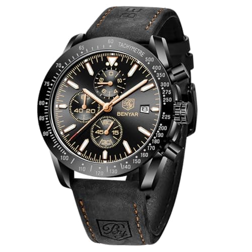 Image of BY BENYAR Watches for Men Chronograph Analog Quartz Waterproof Men's Wrist Watches Casual Big Face Leather Dress Watch Elegant Gifts
