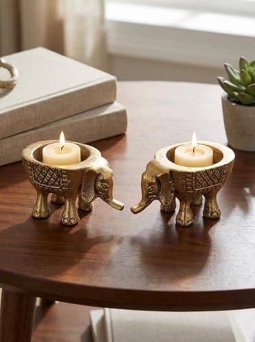Image of Elephant Candle Holders Set of 2 – Cast Metal with Glass Votives, Brass Effect, Hartsmede