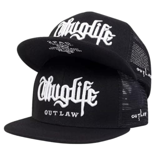 Image of Doniya Fitness Thug Life Outlaw Baseball Cap Black/White, Flat Brim Snapback (UK, Alpha, One Size, Black - Mesh)