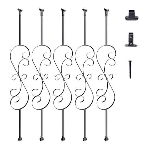 Image of VEVOR Staircase Metal Balusters, 44'' x 1/2" Galvanized Steel Decorative Banister Spindles, 5 Pack S Shape Deck Baluster, Hollow Satin Black Spiral Stair Railing with Shoes & Screws