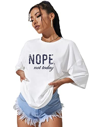 Image of Pure Fashion UK® Women's Slogan Printed Oversized Short Sleeves T-Shirt Ladies Summer Baggy Loose Fit Round Neck Tee Tops Elegant Casual Wear Shirts (Nope Not Today White, S-M)