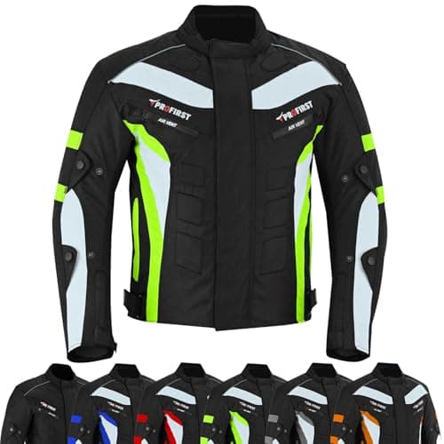 Image of PROFIRST Motorcycle Jacket Mens Waterproof Textile Cordura Fabric Motorbike Mesh Jacket All Seasons Removeable CE Protections (UK, Alpha, S, Regular, Regular, Green)