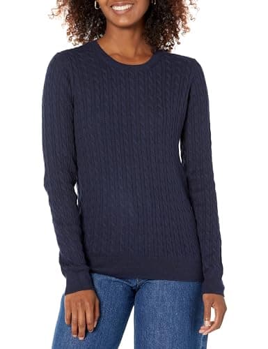 Image of Amazon Essentials Women's Lightweight Cable Knit Long-Sleeve Crewneck Jumper (Available in Plus Size), Navy, L