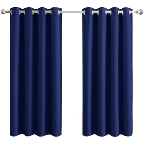 Image of Aspire Homeware Blackout Curtains for Living Room - Eyelet Curtains Bedroom 66x54 inch Drop Thermal Insulated Super Soft Black Out Window Curtain with Tiebacks Pair Panel - Navy