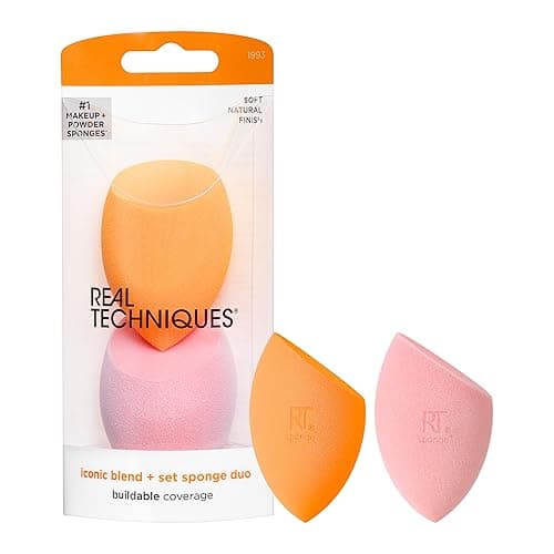 Image of Real Techniques Miracle Complexion Sponge & Miracle Powder Sponge Duo Pack for Liquid, Cream, Powder Makeup, Latex-Free, Vegan, Easy to Clean, 3-Point Application, Travel Friendly, Cruelty-Free