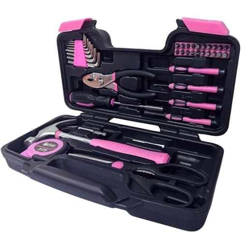 Image of Pink Tool Kit Set Toolbox 38pc in Sturdy Carry Case Hand Tool Box with Screwdriver Set, Hammer, Pliers and More for Home and Office DIY Repair