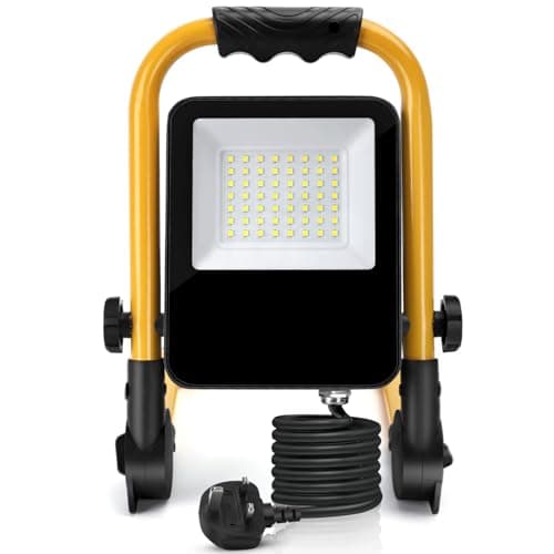 Image of Aigostar 240V Work Light, Job Site Light 30W 2700LM, Attic Portable Led Work Lights Main Powered, Plug in Folding Floodlight with 5.9ft Cord, IP65 Waterproof 6500K Builders Construction Lights