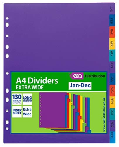 Image of A4 File Dividers Plastic Coloured Tabs Subject Filing Numbered A-Z Extra Wide (A4 Jan-Dec Extra Wide Dividers)