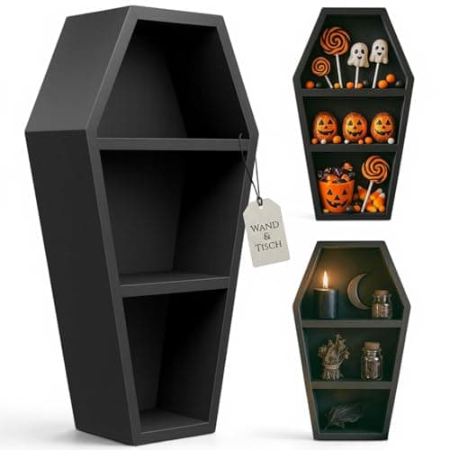 Image of MIJOMA Wooden Coffin Gothic Decoration Witch Hanging Shelf Makeup Shelf Gothic Decor for Wall Table Desk Standing Floating (35 x 18 x 9cm, Black)