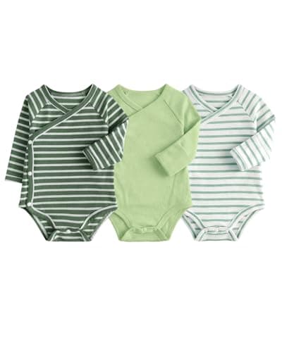 Image of JiAmy 3PCS Baby Boys Girls Bodysuits, 100% Cotton Baby Grow Wrap Vests Long Sleeve Clothes Set Green Tops 12-18 Months