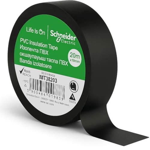 Image of Schneider Electric Premium PVC Electrical Tape Black 19mm x 20m – Fire Retardant Insulation Tape for Wiring, Repairs & Cable Protection - Electrical Maintenance (IMT38203). 1 x Roll.