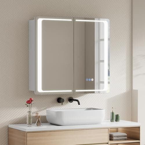 Image of Warmiehomy Bluetooth Bathroom Mirror Cabinet with LED Lights,65x60cm 3-color Dimmable Illuminated Bathroom Mirror Cabinets with Shaver Socker Defogger Touch Switch Two Door,White Frame