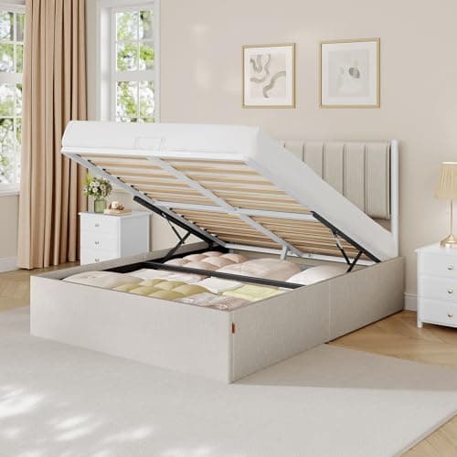 Image of VASAGLE Double Bed Frame, 135 x 190 cm, Ottoman Bed with Lift-Up Storage, Hydraulic Lift, Modern Minimalist, Easy Assembly, Cappuccino Beige RMB616LH01