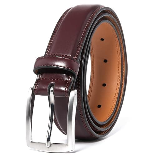 Image of ayamoti Mens Genuine Leather Dress Belt for Men, Handmade, 100% Cow Leather,Classic Casual and Business Belt Prong Buckle, 1 Wine Red, 34