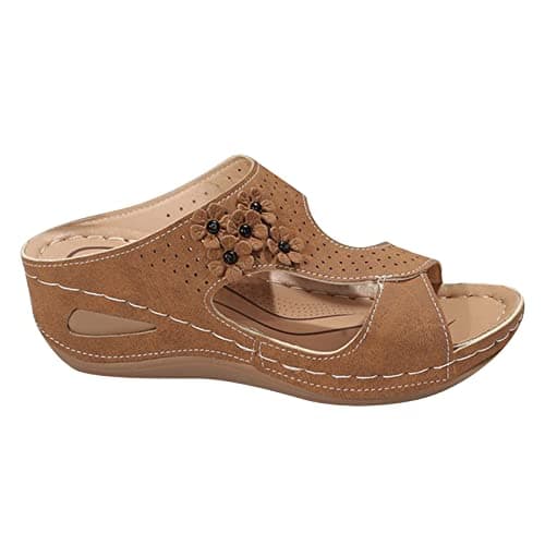 Image of RLEHJN Orthopedic Sandals Women Arch Support, Women's Sandals & Slides Wedge Sandal Open Toe Non-Slip Slippers Comfy Mules Holiday Beach Orthopedic Shoes Ladies Summer Shoes with Floral Decoration
