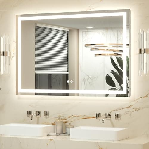 Image of Keonjinn 120x80cm Bathroom Mirror with Led Lights, Antifog Vanity Mirror Back and Frontlit 3 Colour Dimmable Illuminated Wall Mounted Rectangle Mirrors