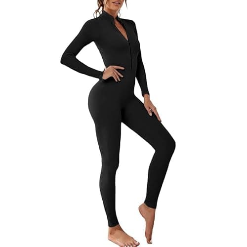 Image of Litthing Women Yoga Jumpsuits Long Sleeve Bodycon One Piece Sexy Fitness Playsuit Zipper Activewear Womens Gym Set Skinny Tracksuit Stretchy Romper Ribbed Workout Outfits