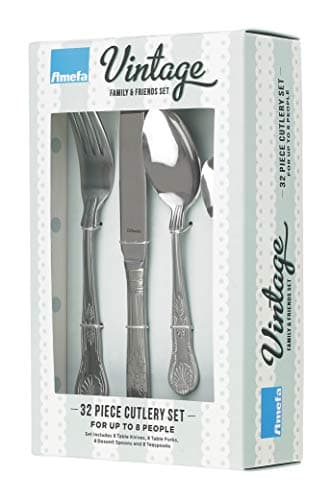 Image of Amefa Vintage Kings 32 Piece Cutlery Set for 8 – Gift Boxed – The World's Most Famous Cutlery Pattern – Fine Quality Stainless Steel – Polished Mirror Finish – Dishwasher Safe