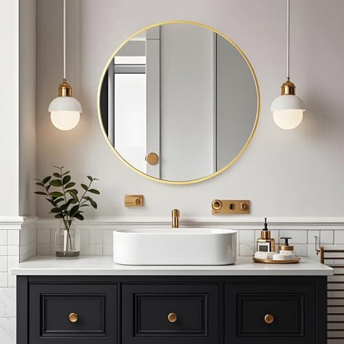 Image of Amazing Tour Round Bathroom Mirror,70cm Circle Mirror Brushed Frame Wall Mirror Metal Framed HD Glass Wall for Makeup Bathroom Living Room Entryway Golden