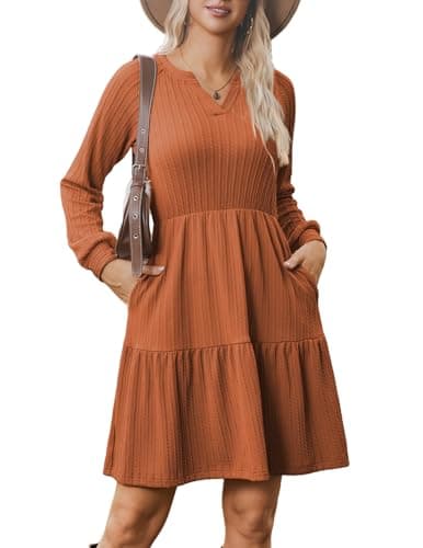 Image of Zeagoo Autumn Dresses for Women UK 2025 Long Sleeve V Neck Textured Casual Lightweight Tiered Ruffle A-Line Mini Babydoll Dress Brown M