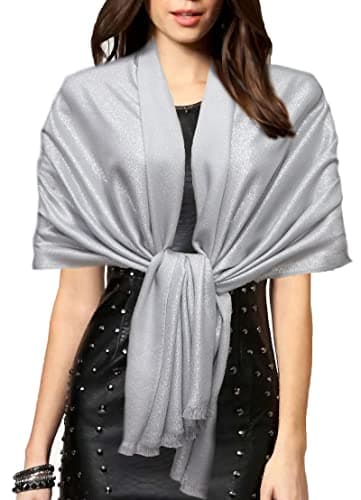 Image of Gragengs Women's Sparkling Metallic Pashmina Shawls and Wraps Long Party Scarf Solid Color Two Tone,Light Grey/Silver