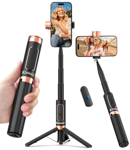 Image of Kinwald Selfie Stick Tripod for iPhone, Lightweight Phone Tripod Stand with Bluetooth Remote, Compact iPhone Tripods for Vlog, Live Stream, Photo, Video Recording (Black)