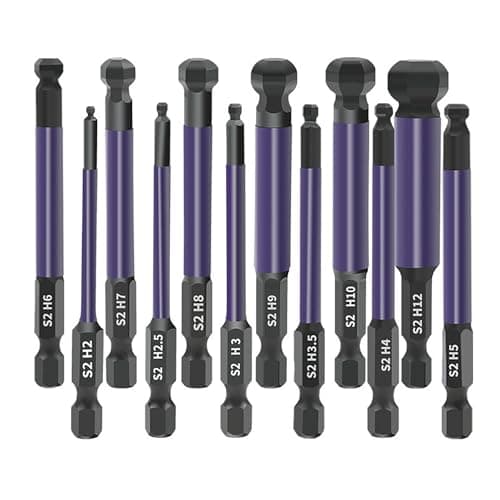 Image of 12 Pcs Allen Key Drill Bit Set,Screwdriver Bit Sets,Ball End Allen Hex Key Set S2 Steel,1/4” Hex Shank Magnetic Allen Wrench Screwdriver Bits,65mm Phosphating Treatment Purple H2-H12