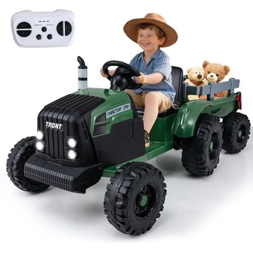Image of COSTWAY 24V Ride on Tractor with Trailer, Kids Electric Car with Remote Control, 15° Climbing, Music, Wireless, 2 Motors Battery Powered Ride on Cars for 3-8 Years Old (Dark Green)