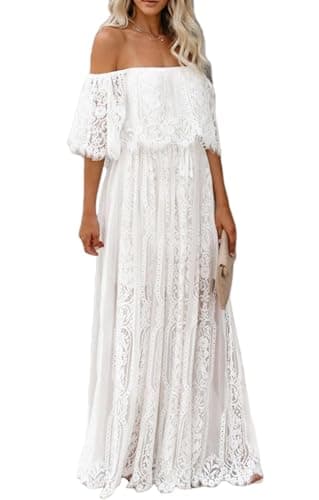 Image of MERMAID'S CLOSET Women's Off The Shoulder Floral Lace Maxi Dress Boho Flowy Wedding Guest Formal Party Long Dresses Spring White