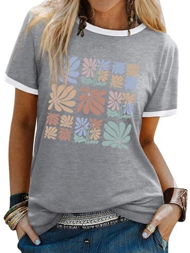Image of Dresswel Women Let It Be T Shirt Daisy Flower Graphic Print T-Shirt Crew Neck Short Sleeve Tee Tops A-Grey