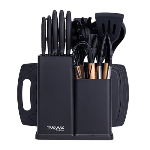 Image of Cooking Utensils Set with Chopping Board – Knife Set with Block – Heat Resistant Silicone Utensils with Wooden Handle, Spoons, Ladles & Spatula – Kitchen Tools & Accessories – 17pcs, Black – by Nuovva