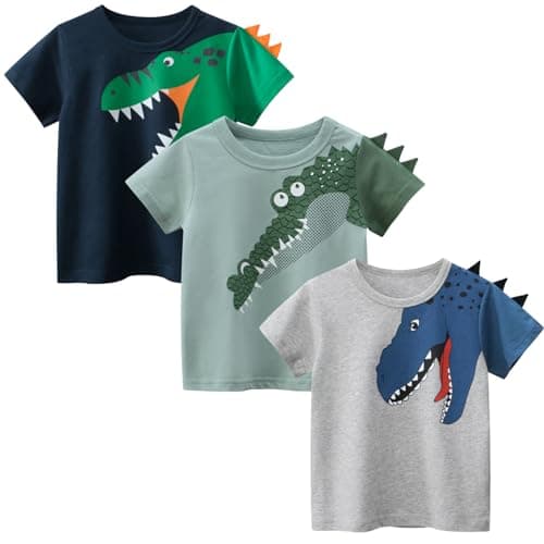 Image of LAUSONS Boys T-Shirt Pack of 3 Boys Kids Crew Neck Short Sleeve Shirts Casual Summer Cotton Tee Top Cartoon Dinosaurs 1-2 Years