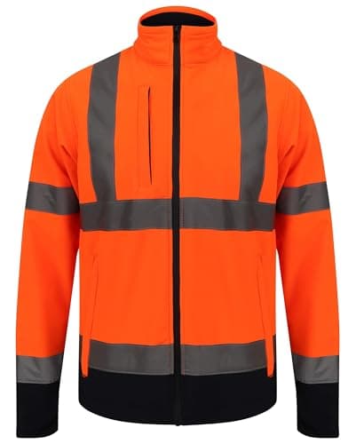 Image of BSBAAA FASHIONS Mens Hi Visibility Soft Shell Work Jacket, Safety Reflective Lightweight Windproof Coat, Outdoor Construction Jacket (Orange/Navy, XXL)