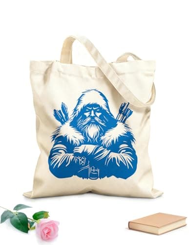 Image of XIARON Reusable Shopping Tote Bag fierce winter warrior with fur hood and bow arrows perfect 340g/m² thick fabric Customizable slogan M Blue