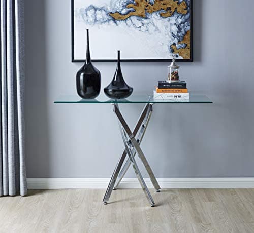 Image of Furniturebox UK Leonardo Rectangular Glass Console Hallway Table with Chrome Metal Starburst Legs 120x40cm Modern Minimalist Style