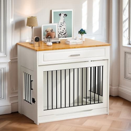 Image of DAWNYIELD Dog Crate Furniture, Wooden Dog Cage with Up-and-Over Sliding Door and Drawer, Furniture Style Indoor Dog Kennel End Table with 360°Rotatable Dog Bowl White