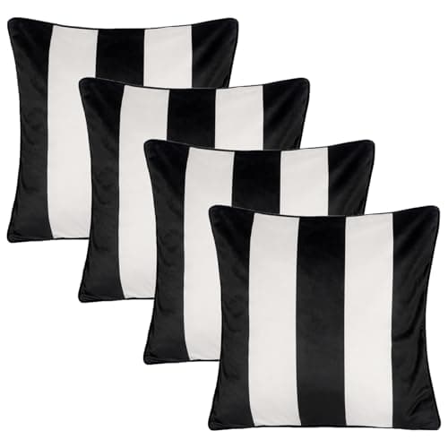 Image of OHS 4 Pack Cushion Covers 45 x 45cm, Super Soft Matte Velvet Black & White Stripe Print Decorative Throw Pillow Covers with Hidden Zipper For Sofa Bed Living Room, Mono