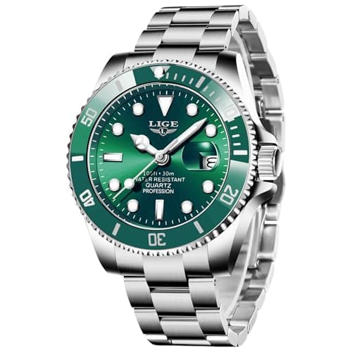 Image of LIGE Mens Watches, Quartz Analogue Watches for Men, Stainless Steel 3ATM Water Resistance, Luminous Hands with Date Function, Classic Simple Style, Casual Fashion Accessories, Green