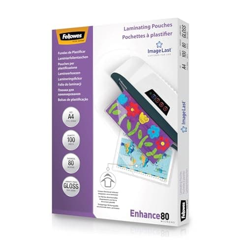 Image of Fellowes Laminating Pouches A4, Gloss Finish - 100 Sheets - 160 Micron (2 x 80 Micron) Clear & Durable Laminating Pouch with Image Last Directional Mark - Ideal for Photos and Notices