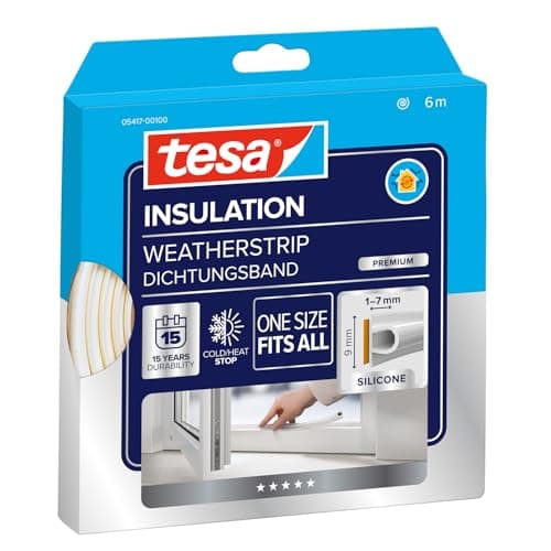 Image of tesa INSULATION Weatherstrip Premium - Sealing Tape - Self-adhesive Silicone Seal for Insulating gaps on windows and doors - White - 6 m x 9 mm x 7 mm