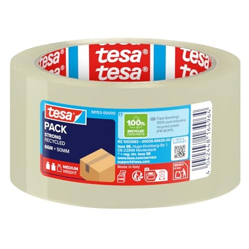 Image of tesapack Eco & Strong - Environmentally Friendly Packing Tape Made of 100% Recycled Plastic, UV-Resistant and Age-Resistant - Transparent - 66 m x 50 mm