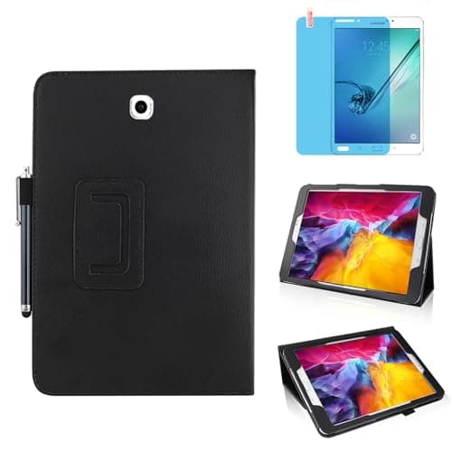 Image of Slim Leather Case for Samsung Galaxy Tab S2 8.0 Inch 2015 (SM-T710 T713 T715 T719), Multi-Angle Stand Full-Protective Tablet Cover Book Case with Stylus Pen,Screen Film (Black)