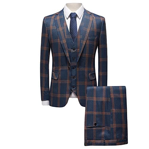 Image of Mens 3 Piece Slim Fit Plaid Suit Check Blazer Jacket Vest Pants Set for Prom Wedding Party One Button Dinner Tuxedo Set (Dark Blue,M)