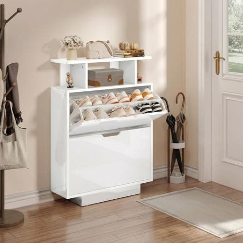Image of YITAHOME Shoe Storage Cabinet, High Gloss Slim Shoe Cabinet, Space Saving Shoe Cupboard with 2 Flip Drawers for Hallway, Entryway, Living Room, 80W x 24D x 106H cm, White