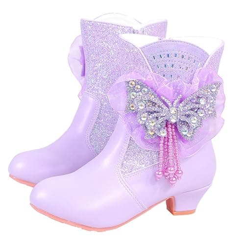 Image of NSICBMNO Purple Ankle Boots For Girls Princess Shoes Glitter Mid Calf Side Zipper Snow Boots Sparkling Diamond Butterfly High Heels Boot Fleece Warm Soft Zipper Casual Shoes For Kids 3-12 Years