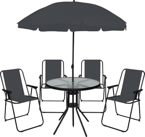 Image of OHS 6 Piece Garden Furniture, Outdoor Table and Chairs with Matching Parasol 4 Folding Dining Chairs Round Tempered Glass Table Poolside Balcony Patio Furniture Set, Grey