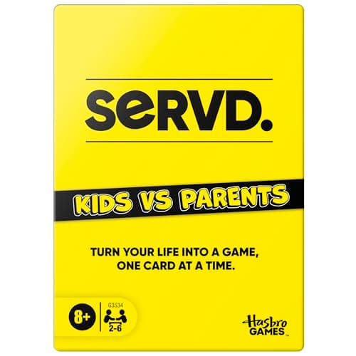 Image of Hasbro Gaming SERVD Kids vs Parents Edition Game – Hilarious Real-Life Family Card Game for Kids, Teens, Adults – Fun Challenges – 2-6 Players – Ages 8+ - English Version